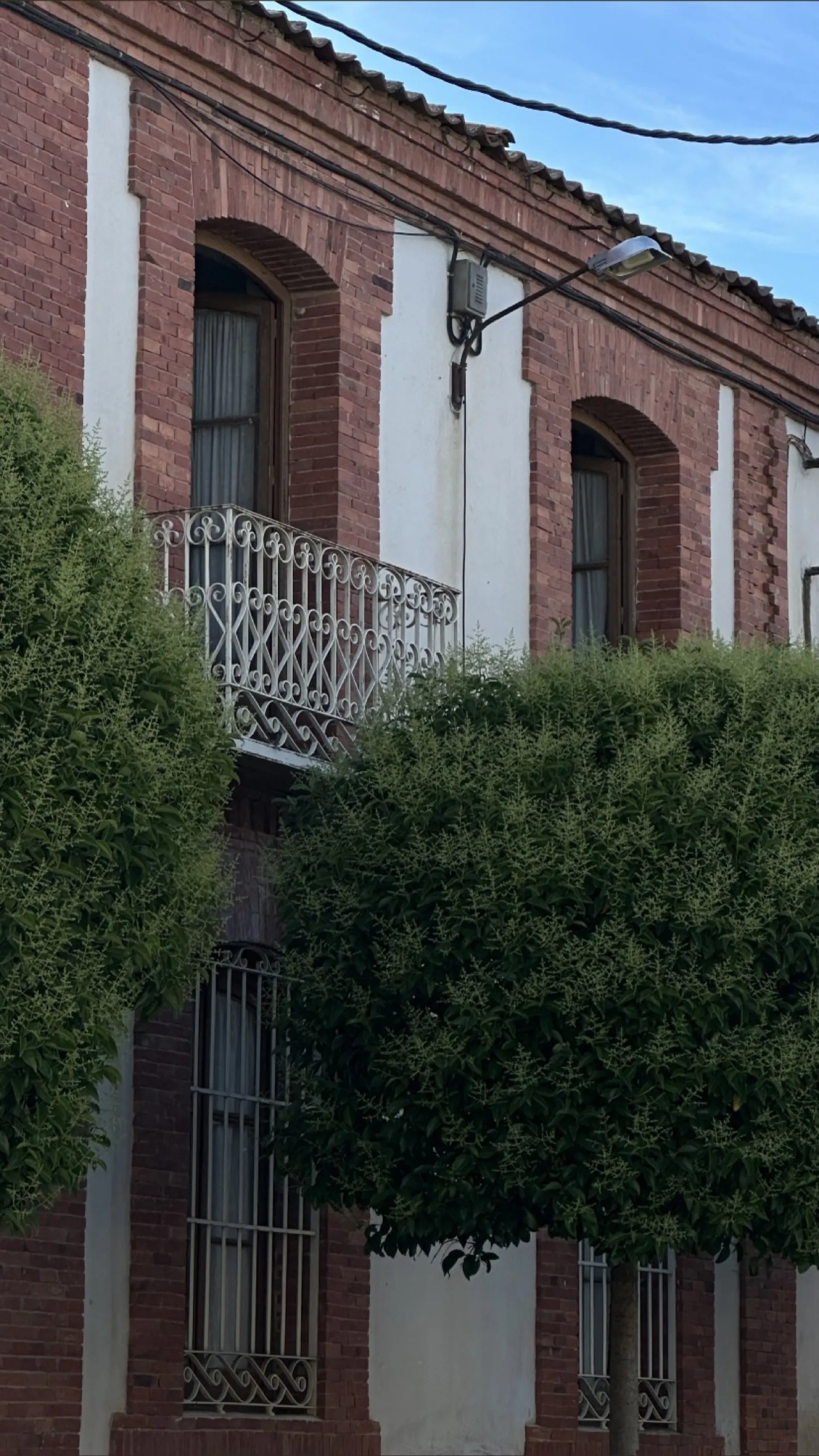 Fachada desde la calle entre árboles